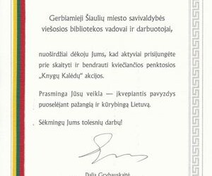LR Prezidentės padėka Šiaulių miesto savivaldybės viešajai bibliotekai